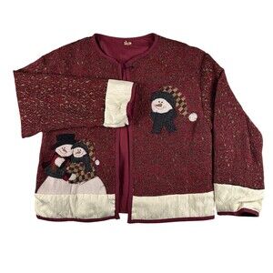 Kirklands Jacket Womens XL Red Quilted Snowman Christmas Trees Holiday Applique